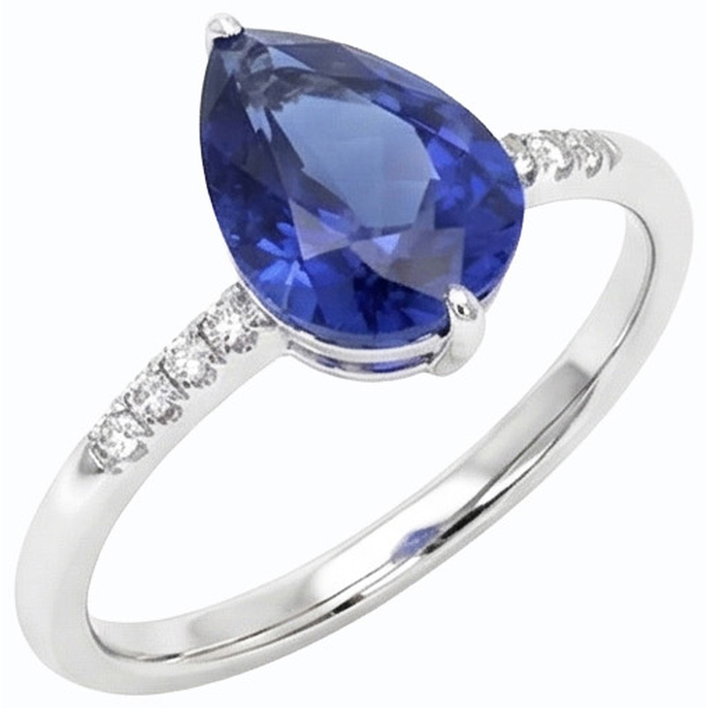 Gemstone Pear Blue Sapphire Ring & Small Round Natural Earth Mined Diamonds 3 Carats
