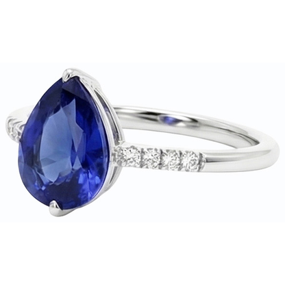 Gemstone Pear Blue Sapphire Ring & Small Round Natural Earth Mined Diamonds 3 Carats