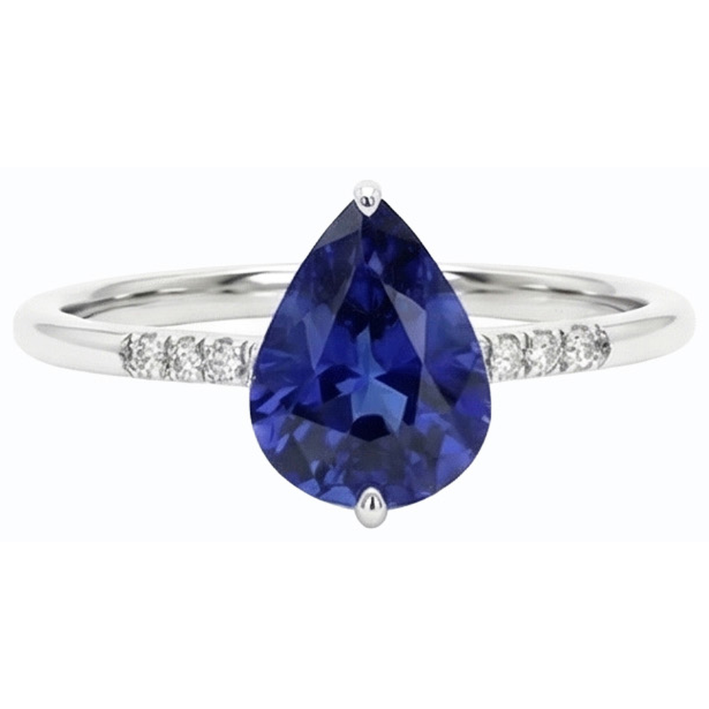 Gemstone Pear Blue Sapphire Ring & Small Round Natural Earth Mined Diamonds 3 Carats