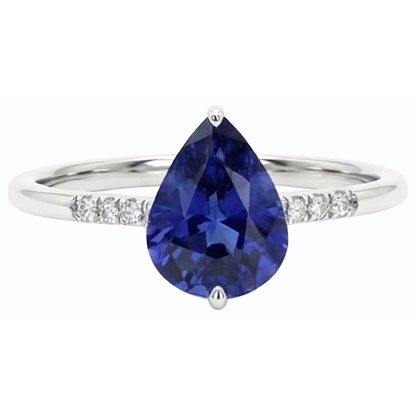 Gemstone Pear Blue Sapphire Ring & Small Round Natural Earth Mined Diamonds 3 Carats