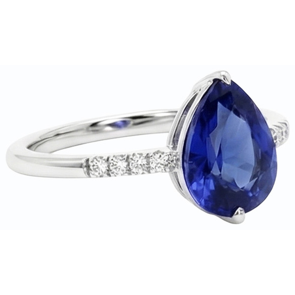 Gemstone Pear Blue Sapphire Ring & Small Round Natural Earth Mined Diamonds 3 Carats