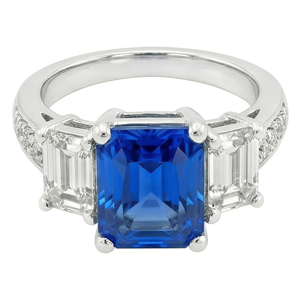 Gemstone Radiant Sapphire Ring 4.50 Carats Emerald & Round Natural Earth Mined Diamonds