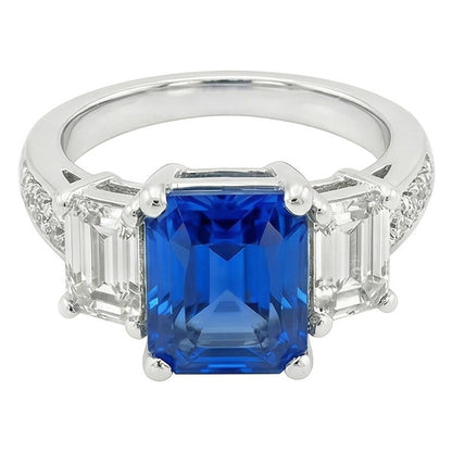 Gemstone Radiant Sapphire Ring 4.50 Carats Emerald & Round Natural Earth Mined Diamonds