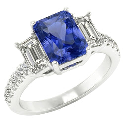 Gemstone Radiant Sapphire Ring Emerald & Round Natural Earth Mined Diamonds 3 Carats