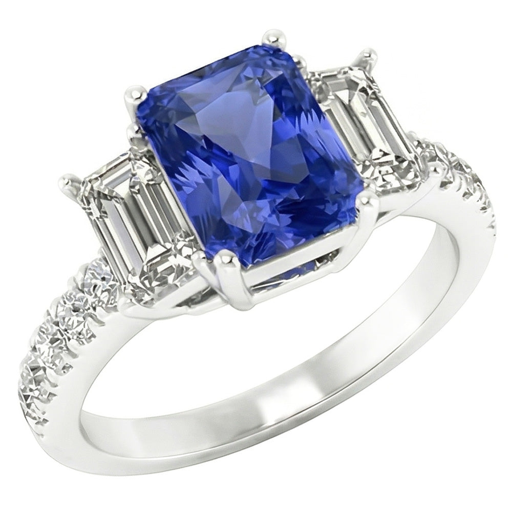 Gemstone Radiant Sapphire Ring Emerald & Round Natural Earth Mined Diamonds 3 Carats