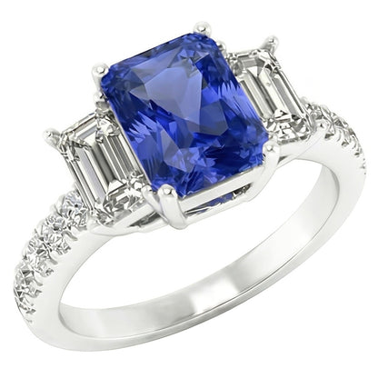 Gemstone Radiant Sapphire Ring Emerald & Round Natural Earth Mined Diamonds 3 Carats