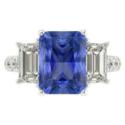 Gemstone Radiant Sapphire Ring Emerald & Round Natural Earth Mined Diamonds 3 Carats