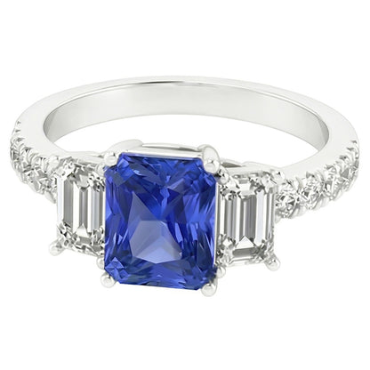 Gemstone Radiant Sapphire Ring Emerald & Round Natural Earth Mined Diamonds 3 Carats