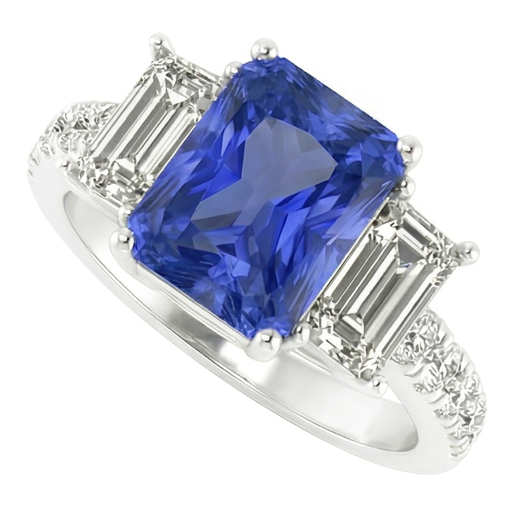 Gemstone Radiant Sapphire Ring Emerald & Round Natural Earth Mined Diamonds 3 Carats
