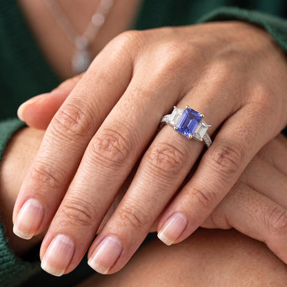 Gemstone Radiant Sapphire Ring Emerald & Round Natural Earth Mined Diamonds 3 Carats