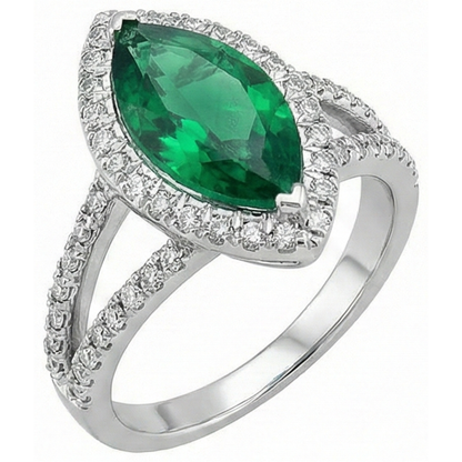 Gemstone Ring 14K Marquise Green Emerald GIA & Round Natural Earth Mined Diamonds 3.35 Ct.