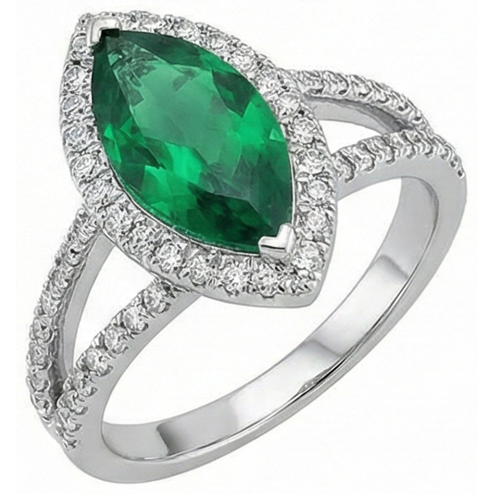 Gemstone Ring 14K Marquise Green Emerald GIA & Round Natural Earth Mined Diamonds 3.35 Ct.