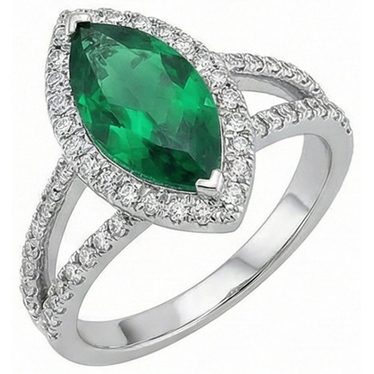 Gemstone Ring 14K Marquise Green Emerald GIA & Round Natural Earth Mined Diamonds 3.35 Ct.