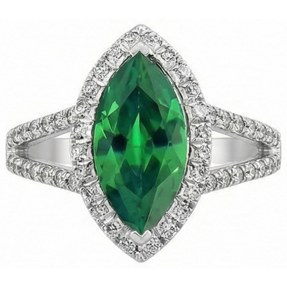 Gemstone Ring 14K Marquise Green Emerald GIA & Round Natural Earth Mined Diamonds 3.35 Ct.