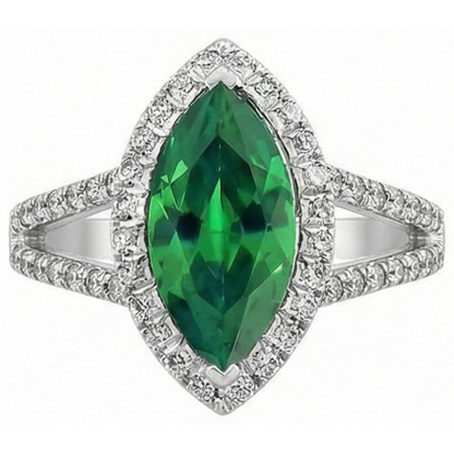 Gemstone Ring 14K Marquise Green Emerald GIA & Round Natural Earth Mined Diamonds 3.35 Ct.