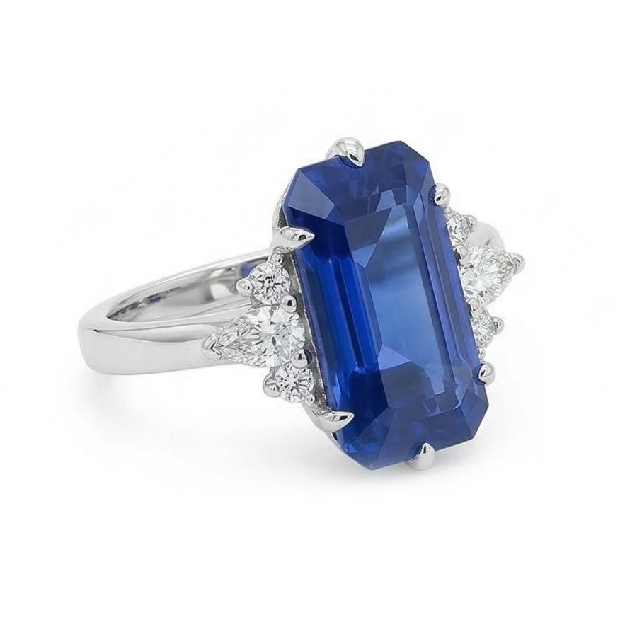 Gemstone Ring Emerald Ceylon Sapphire Pear & Round Natural Earth Mined Diamonds 3 Carats