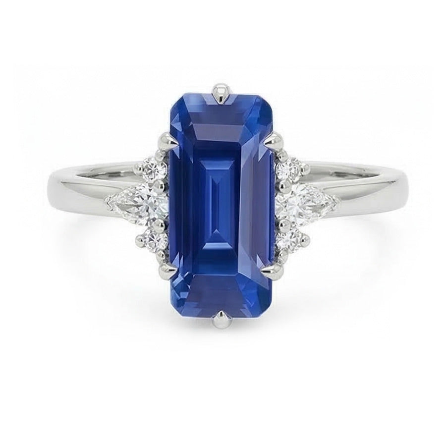 Gemstone Ring Emerald Ceylon Sapphire Pear & Round Natural Earth Mined Diamonds 3 Carats