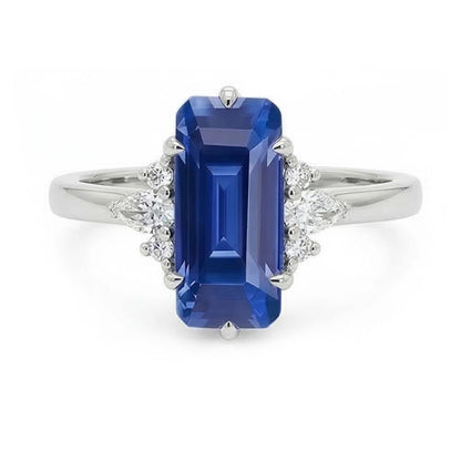 Gemstone Ring Emerald Ceylon Sapphire Pear & Round Natural Earth Mined Diamonds 3 Carats