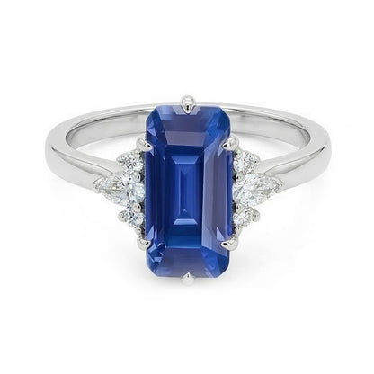 Gemstone Ring Emerald Ceylon Sapphire Pear & Round Natural Earth Mined Diamonds 3 Carats