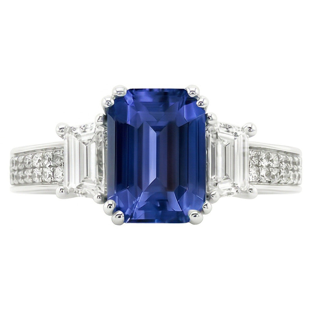 Gemstone Ring Emerald Sapphire 4.50 Carats Trapezoid & Round Natural Earth Mined Diamonds