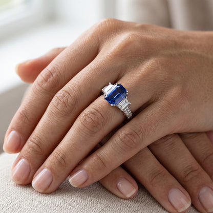 Gemstone Ring Emerald Sapphire 4.50 Carats Trapezoid & Round Natural Earth Mined Diamonds