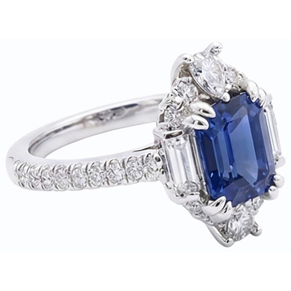 Gemstone Ring Emerald Sapphire Baguette & Pave Set Natural Earth Mined Diamond 3.50 Carats