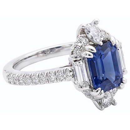 Gemstone Ring Emerald Sapphire Baguette & Pave Set Natural Earth Mined Diamond 3.50 Carats