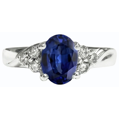 Gemstone Ring Oval Cut Blue Sapphire & Natural Earth Mined Diamonds 3 Carats White Gold