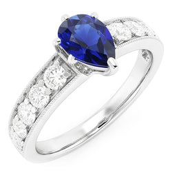 Gemstone Ring Pear Ceylon Sapphire Channel Set Natural Earth Mined Diamonds 3 Carats