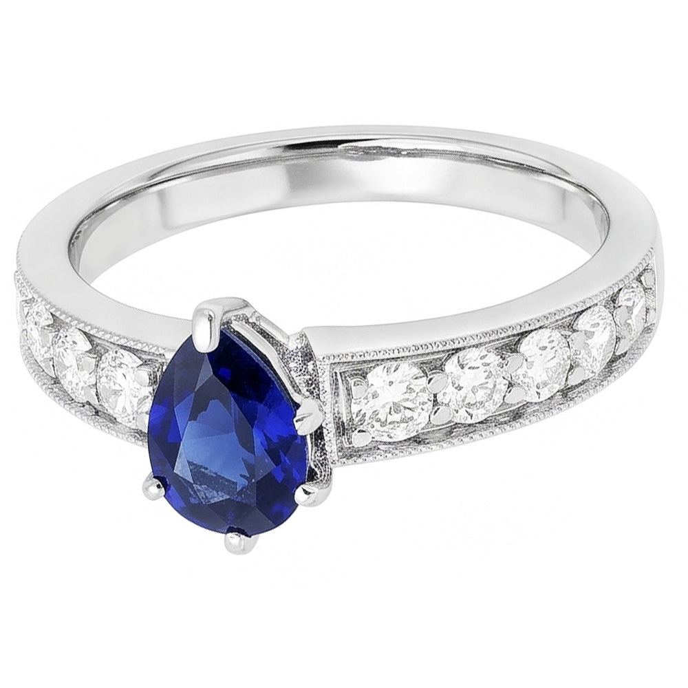 Gemstone Ring Pear Ceylon Sapphire Channel Set Natural Earth Mined Diamonds 3 Carats