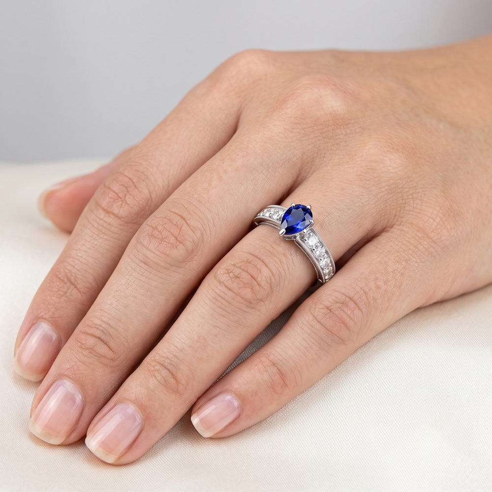 Gemstone Ring Pear Ceylon Sapphire Channel Set Natural Earth Mined Diamonds 3 Carats