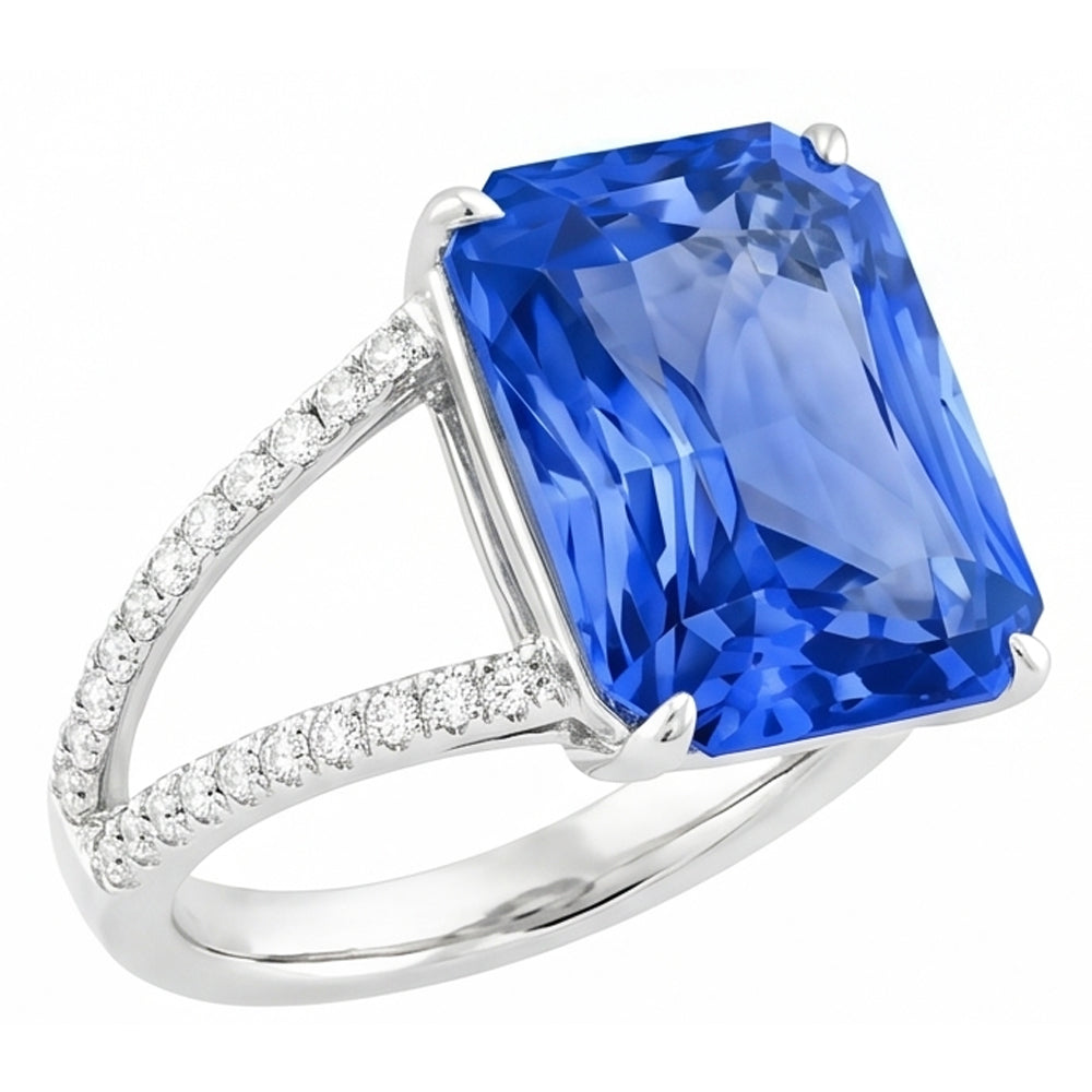 Gemstone Ring Radiant Blue Sapphire Split Shank Round Natural Earth Mined Diamond 5 Carats