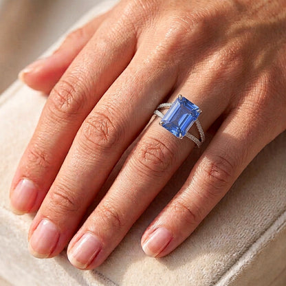 Gemstone Ring Radiant Blue Sapphire Split Shank Round Natural Earth Mined Diamond 5 Carats