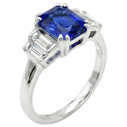 Gemstone Ring Radiant Cut Ceylon Sapphire & Baguette Natural Earth Mined Diamonds 3 Carats