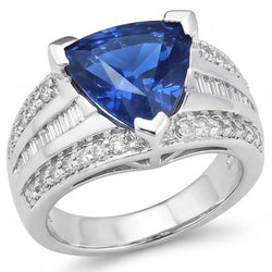 Gemstone Ring Trillion Sapphire 4.50 Carats Baguette & Round Natural Earth Mined Diamonds