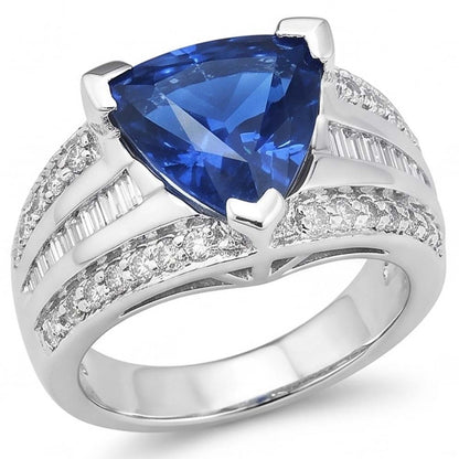 Gemstone Ring Trillion Sapphire 4.50 Carats Baguette & Round Natural Earth Mined Diamonds
