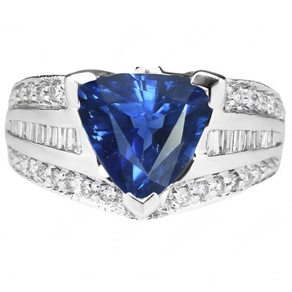Gemstone Ring Trillion Sapphire 4.50 Carats Baguette & Round Natural Earth Mined Diamonds