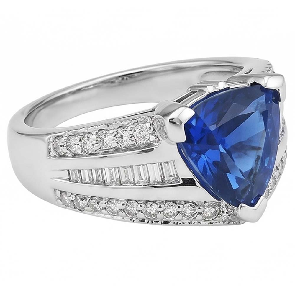 Gemstone Ring Trillion Sapphire 4.50 Carats Baguette & Round Natural Earth Mined Diamonds