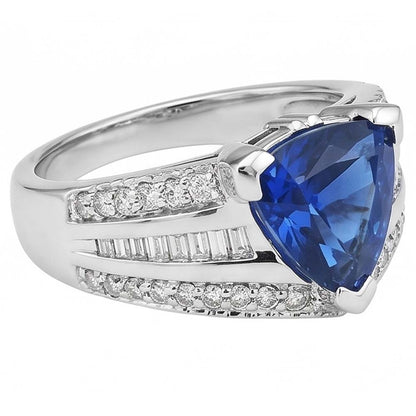 Gemstone Ring Trillion Sapphire 4.50 Carats Baguette & Round Natural Earth Mined Diamonds