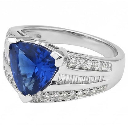 Gemstone Ring Trillion Sapphire 4.50 Carats Baguette & Round Natural Earth Mined Diamonds