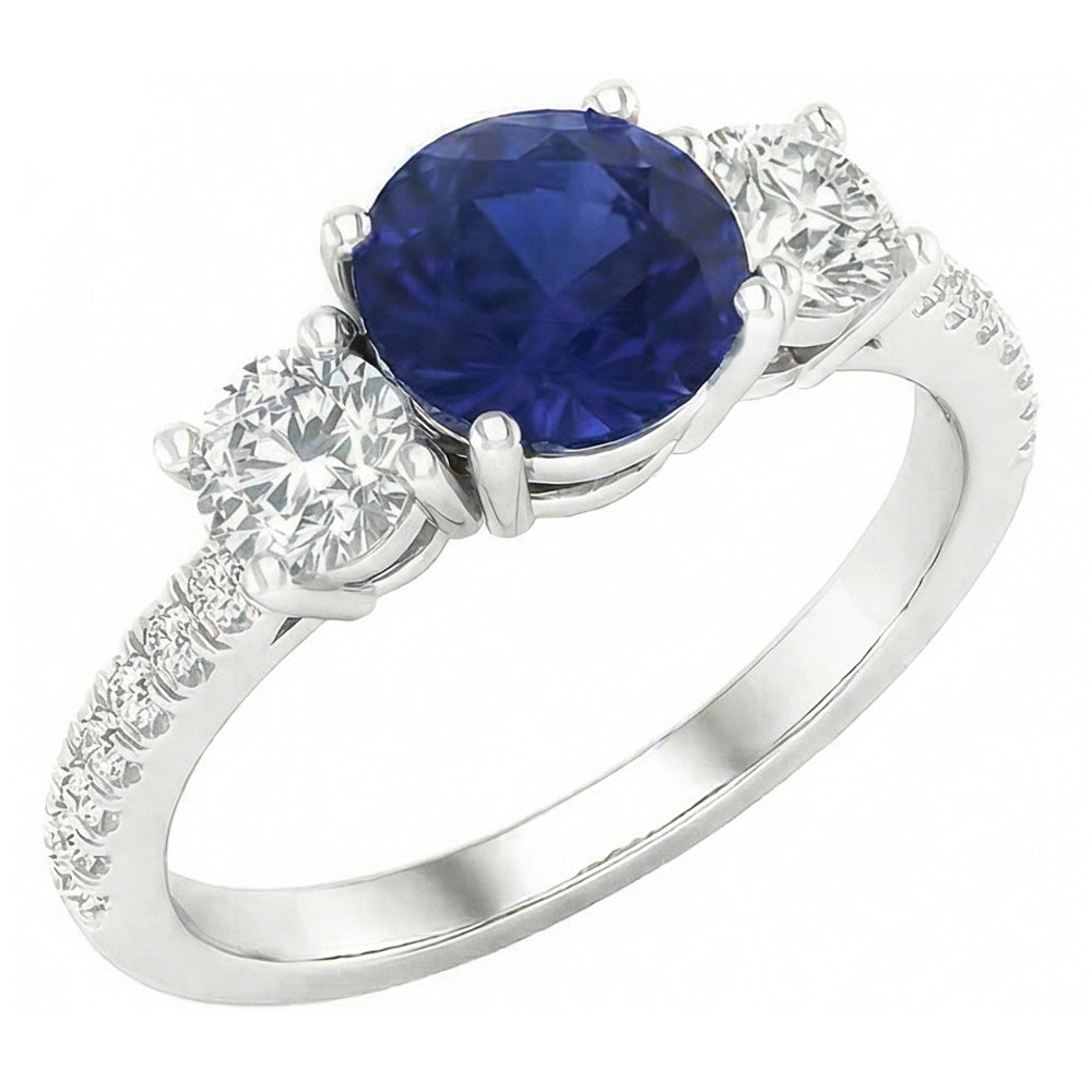 Gemstone Round Sapphire Ring 3 Stone Style Natural Earth Mined Diamonds 6.50 Carats Gold