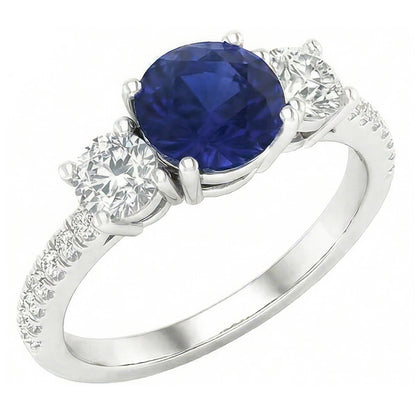 Gemstone Round Sapphire Ring 3 Stone Style Natural Earth Mined Diamonds 6.50 Carats Gold