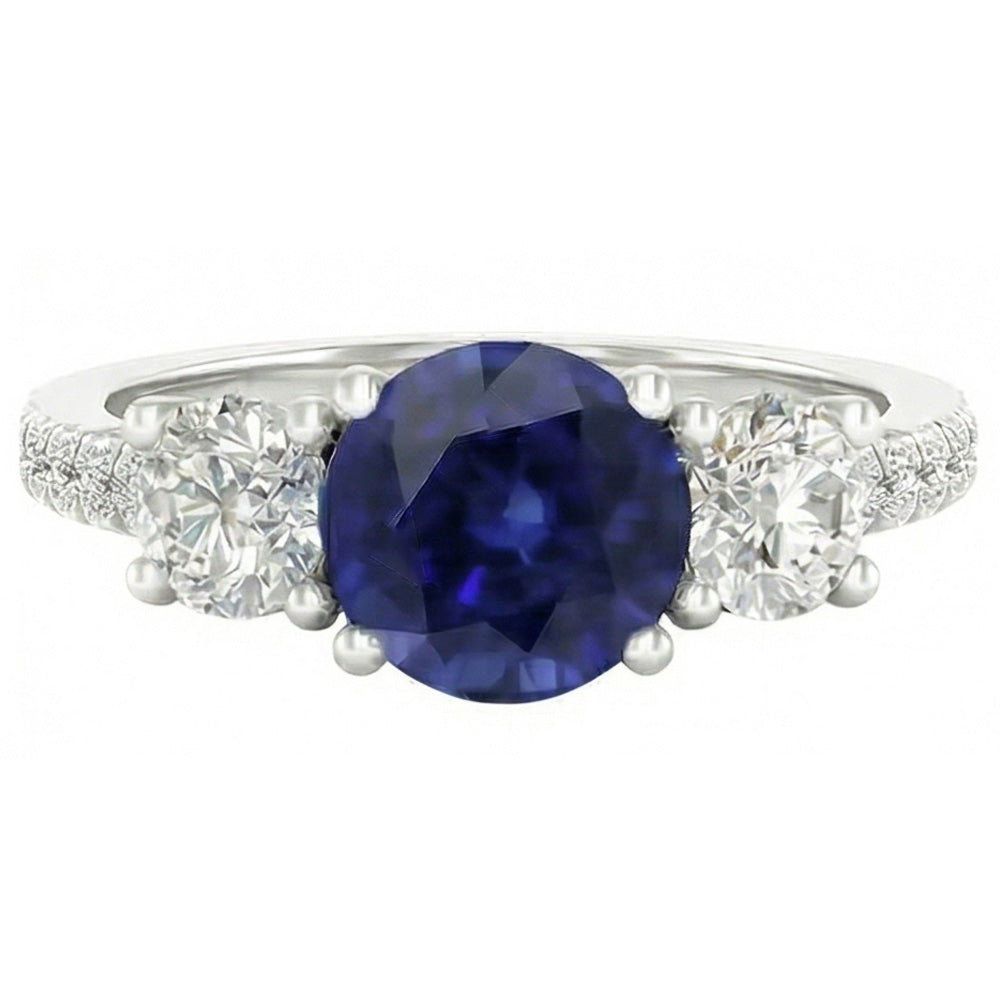 Gemstone Round Sapphire Ring 3 Stone Style Natural Earth Mined Diamonds 6.50 Carats Gold
