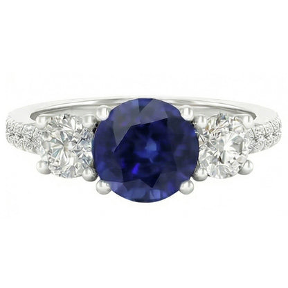 Gemstone Round Sapphire Ring 3 Stone Style Natural Earth Mined Diamonds 6.50 Carats Gold