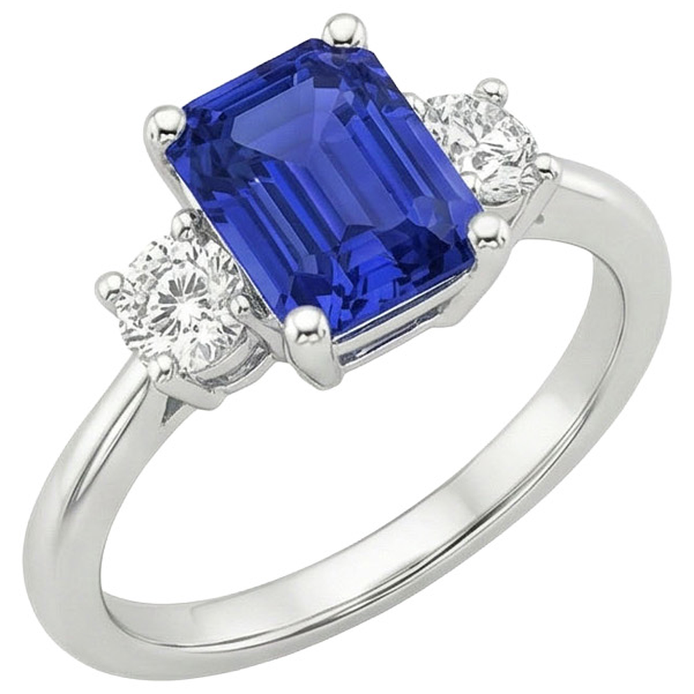 Gemstone Three Stone Ring Round Natural Earth Mined Diamond & Ceylon Sapphire 3.50 Carats