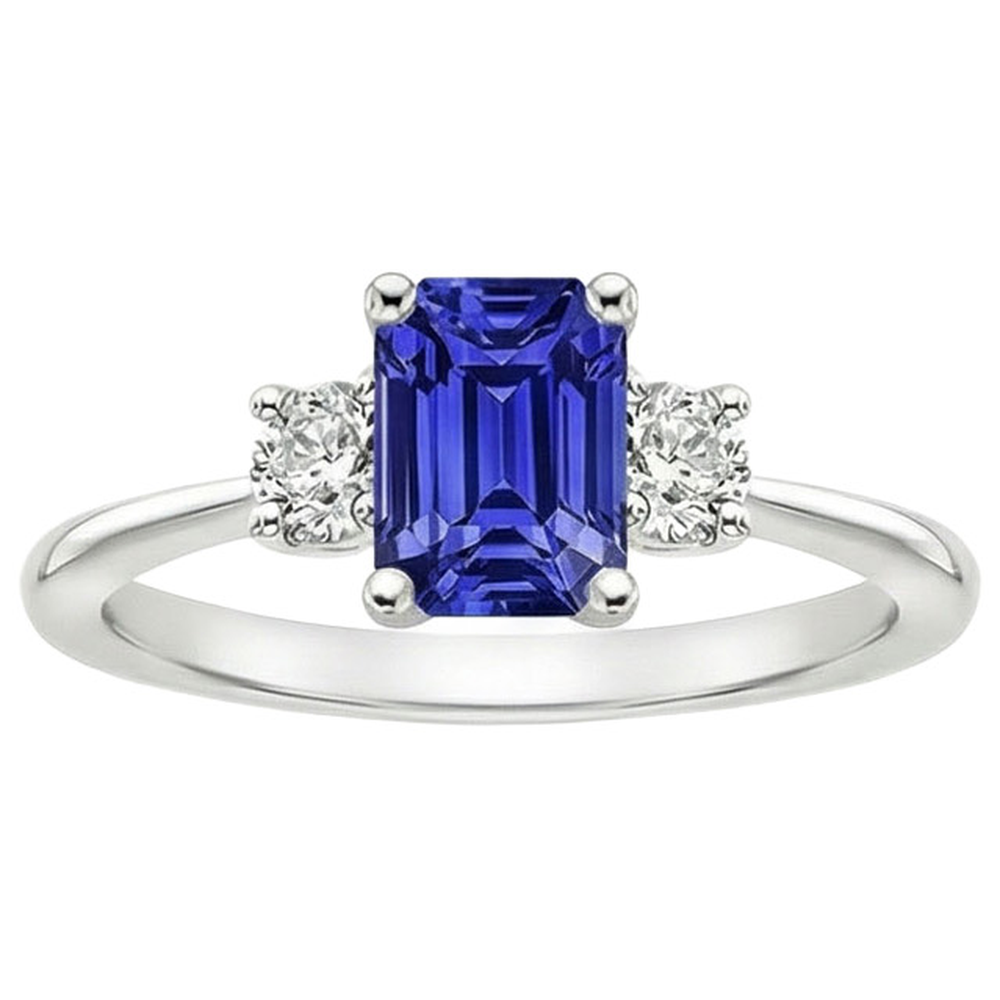 Gemstone Three Stone Ring Round Natural Earth Mined Diamond & Ceylon Sapphire 3.50 Carats