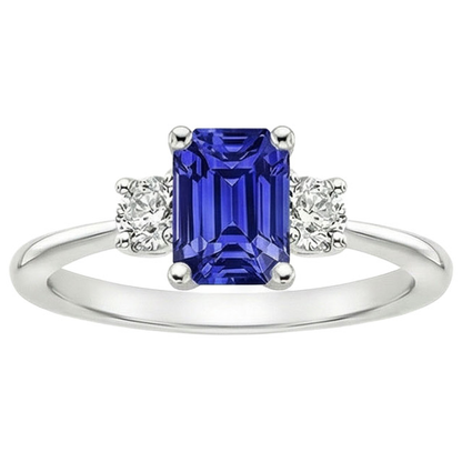 Gemstone Three Stone Ring Round Natural Earth Mined Diamond & Ceylon Sapphire 3.50 Carats