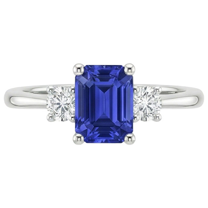 Gemstone Three Stone Ring Round Natural Earth Mined Diamond & Ceylon Sapphire 3.50 Carats