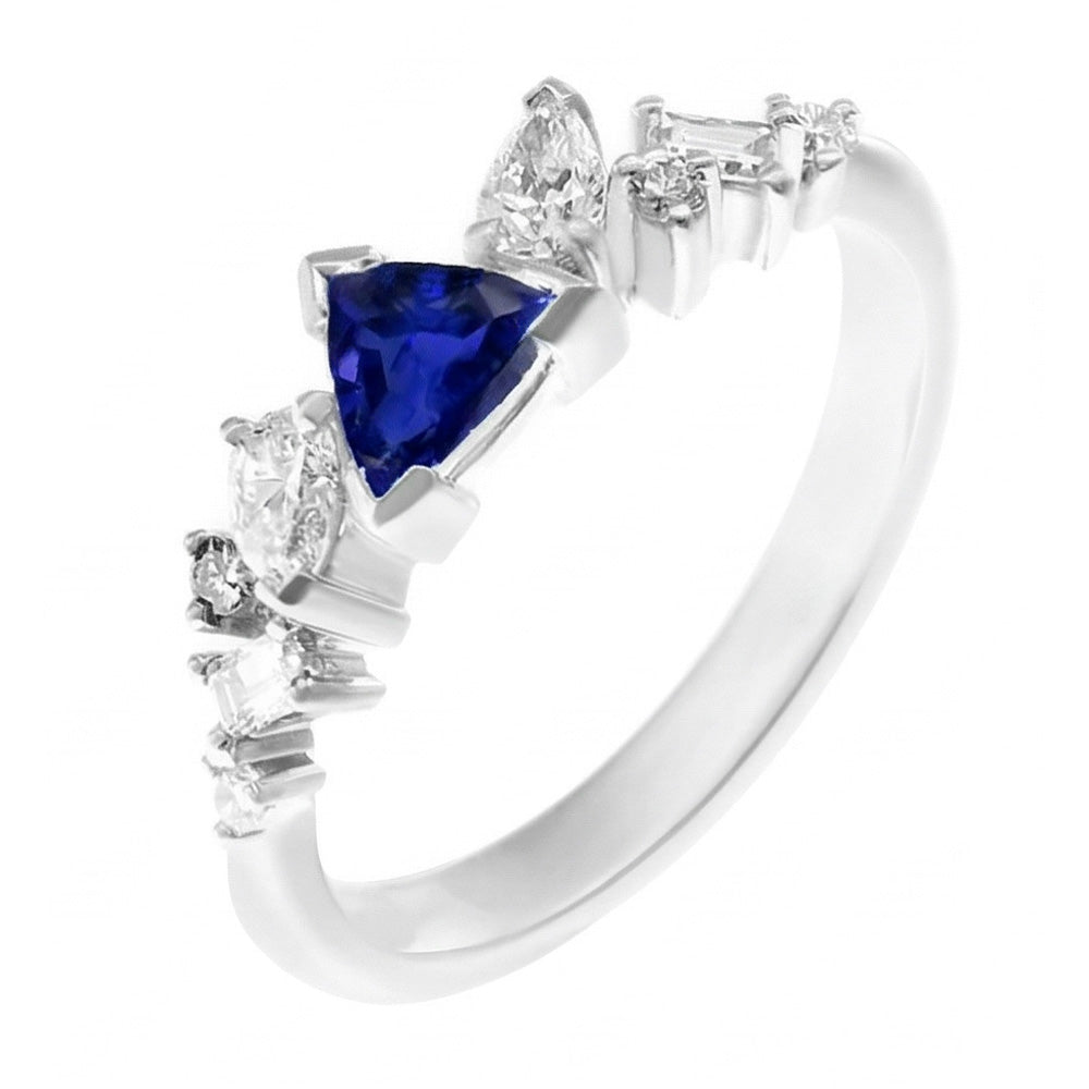 Gemstone Trillion V Prong Blue Sapphire & Natural Earth Mined Diamond Ring 1 Carat