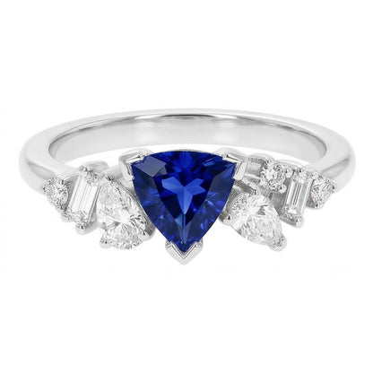 Gemstone Trillion V Prong Blue Sapphire & Natural Earth Mined Diamond Ring 1 Carat